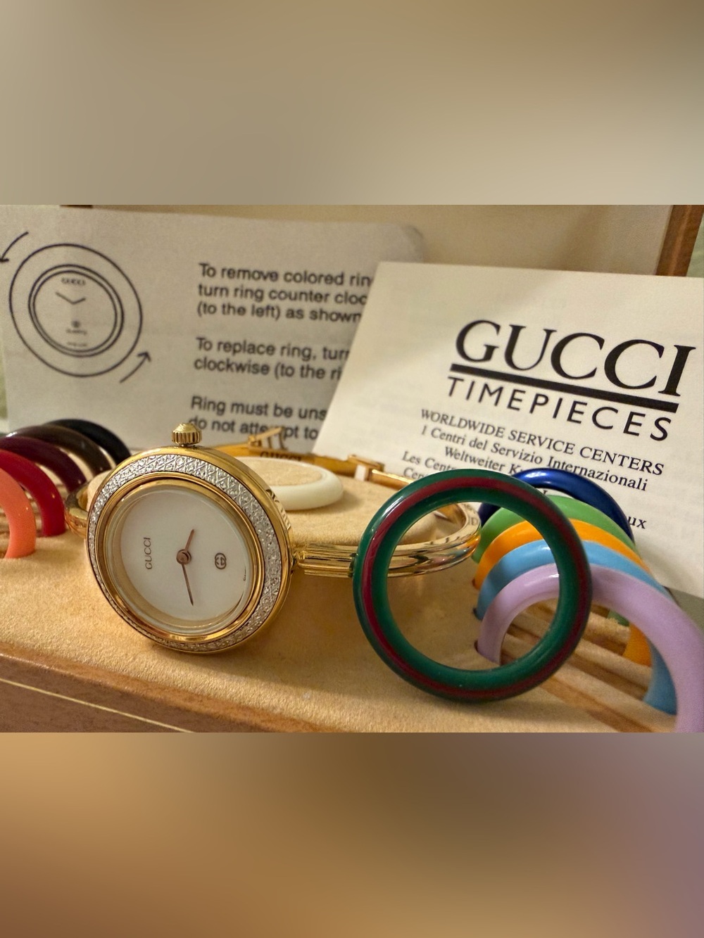 Near Mint~Auth GUCCI Diamond Cut Bezel Bracelet Bangle Watch W/Box/Papers